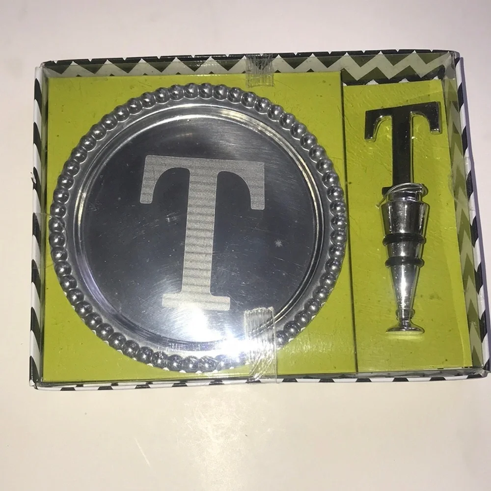 NIB “T” Initial Plate + Wine Stopper Set